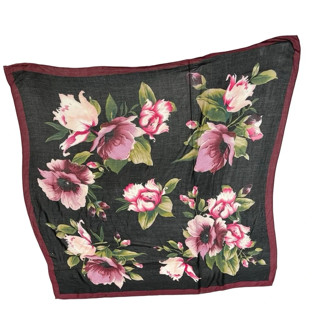 J Jill Scarf Wrap Black Floral Lightweight‎ Rayon Dark Romantic Layer Office